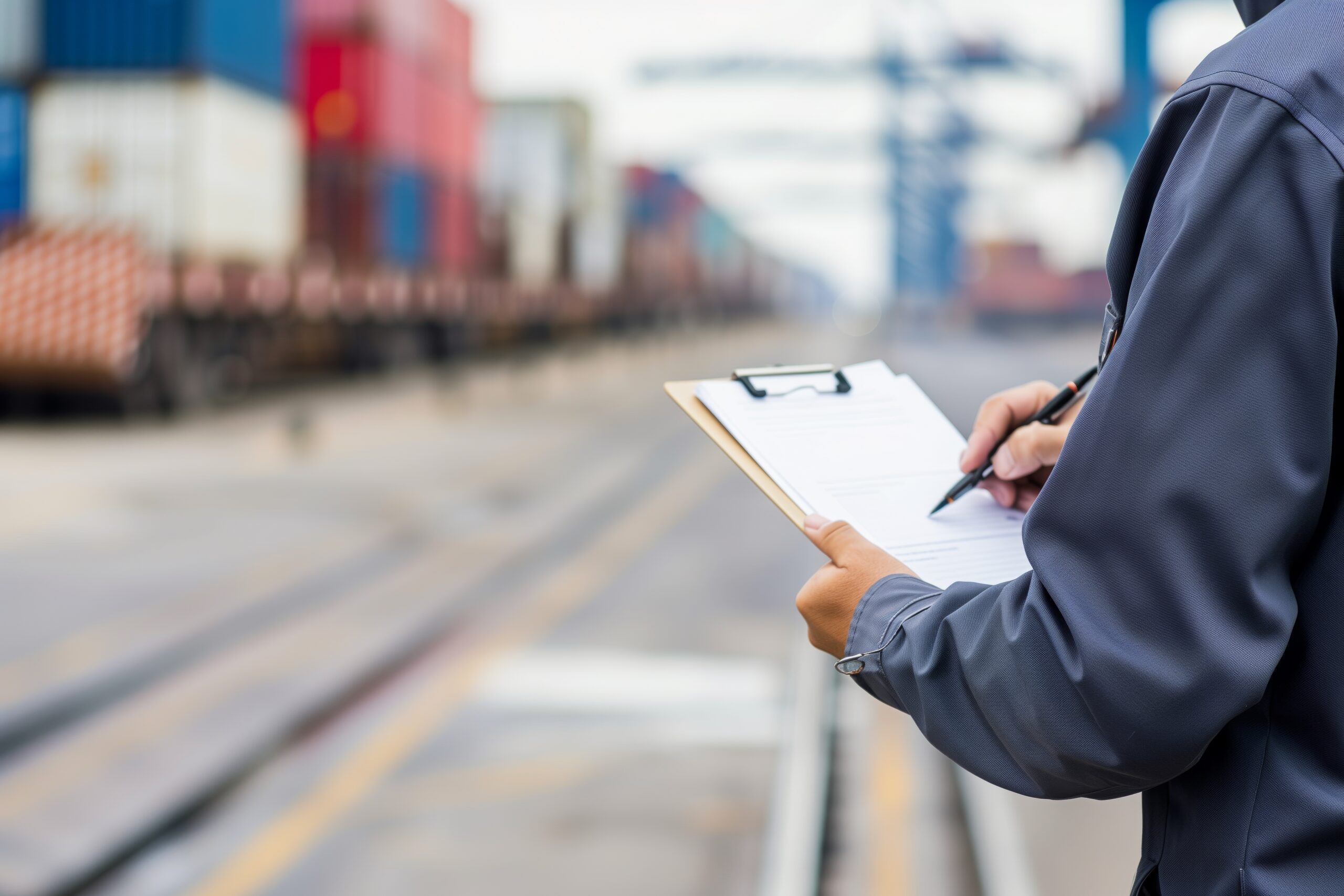 individual taking notes on clipboard by shipping lanes